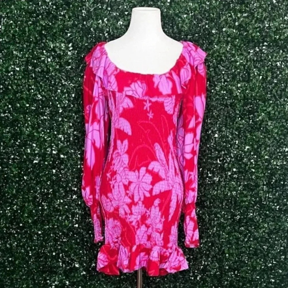 NWT FARM RIO Living Nature Red Pink Burgundy Floral Smocked Mini Dress Size XS - Picture 6 of 9